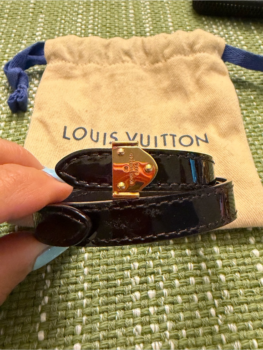 Louis Vuitton Black Patent Leather Double Wrap Bracelet with Gold Hardware